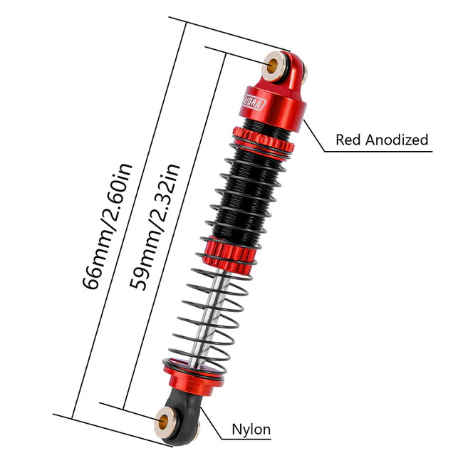 INJORA 59mm Long Threaded Oil Filled Shocks for 1/18 TRX4M (4pcs) - RED - HeliDirect