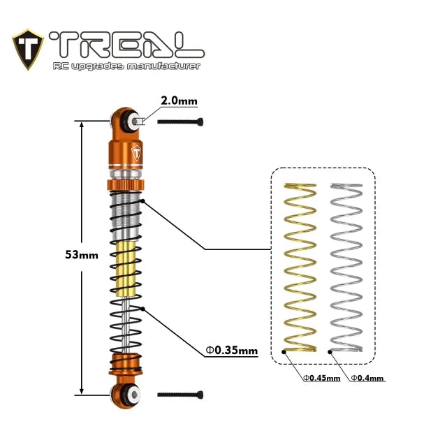 TREAL AX24 Shocks 53mm Aluminum Threaded Shock Adjustable Absorber Oil Damper compatible with 1/24 Axial AX24 XC-1 Upgrades (ORANGE) - HeliDirect