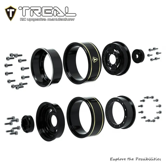 TREAL 1.0 Beadlock Wheels Deep Dish Rims (4P) for SCX24 AX24 FCX24 TRX4M 1/24 1/18 Crawler Car-Type F - BLACK - HeliDirect