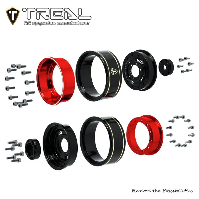 TREAL 1.0 Beadlock Wheels Deep Dish Rims (4P) for SCX24 AX24 FCX24 TRX4M 1/24 1/18 Crawler Car-Type F - BLACK & RED - HeliDirect