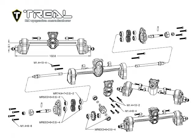 TREAL SCX24 Rear Portal Axles Complete Kit, Aluminum 7075 CNC Machined Axle Housing for Axial 1/24 SCX24 - BLACK - HeliDirect