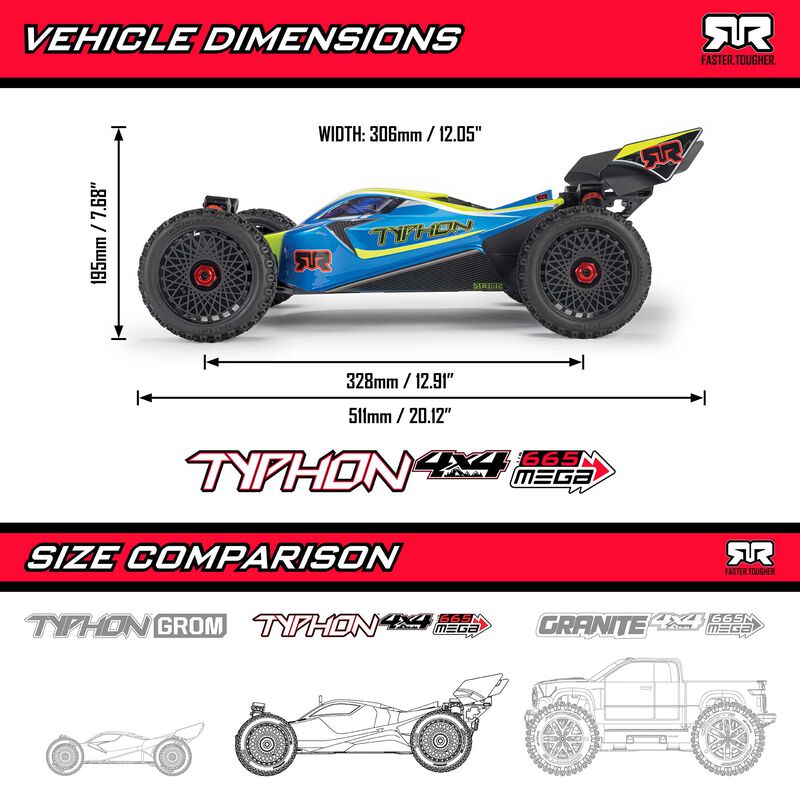 ARRMA 1/8 TYPHON MEGA 665 4X4 RTR Brushed Buggy - Yellow