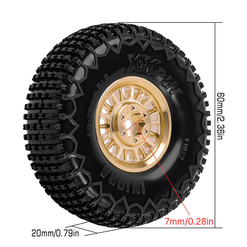 INJORA 1.0 XHX Pin Tires with 1.0 Plus Brass Beadlock Wheels Combo for 1/18 1/24 RC Crawlers