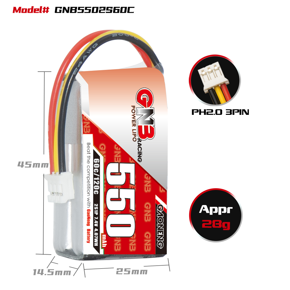 GAONENG GNB 2S 7.4V 550mAh 60C LiPo Battery PH2.0 3Pin Connector